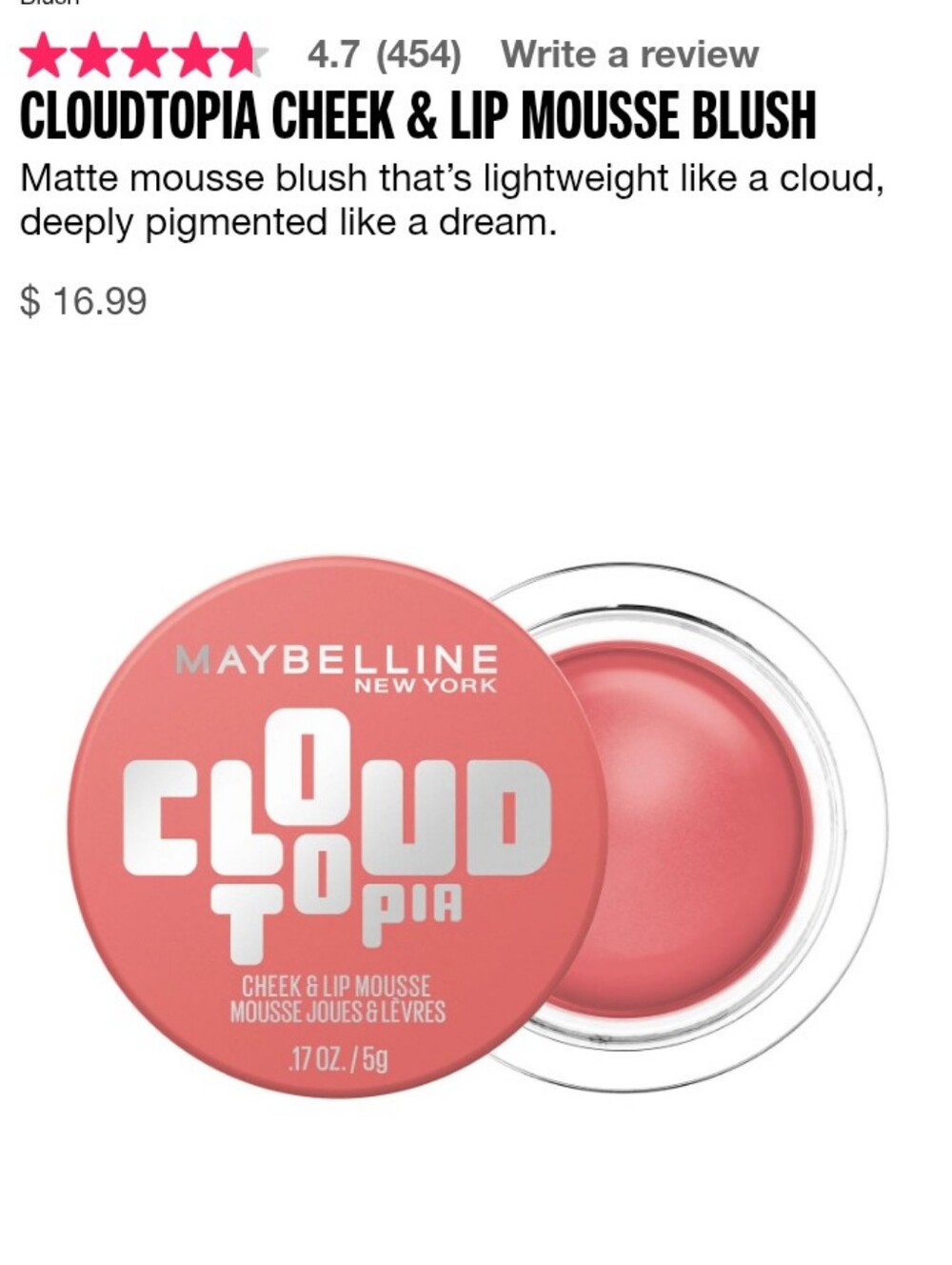 Maybelline Cloudtopia Cheek & Lip Mousse Blush - Coral Pink